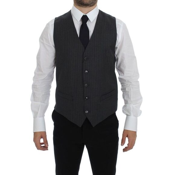 Dolce & Gabbana Gray Striped Wool Single Breasted Men's Vest